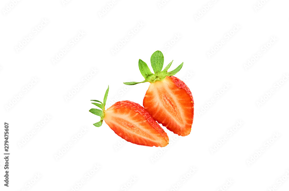 Two strawberry slice Isolated on a white background. Organic food. The view from the top. Two strawberry slice Isolated on a white background. Organic food. The view from the top.