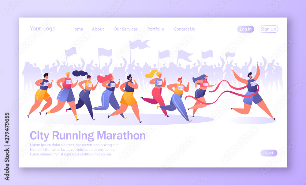Concept of landing page on healthy lifestyle theme. Active people sports. Flat characters running marathon distance. Crowd of fans on the background rejoices, cheers for them and encourages.