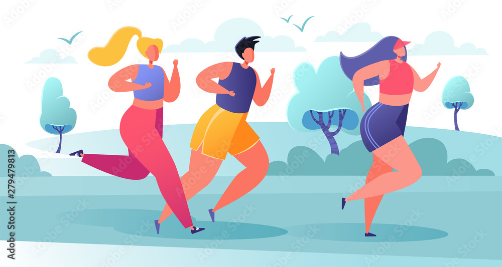 City marathon and healthy lifestyle concept, summer outdoor. Group of diverse people in sports wear running on nature landscape background. Sport activity. Trendy, cartoon, flat, vector, Illustration.