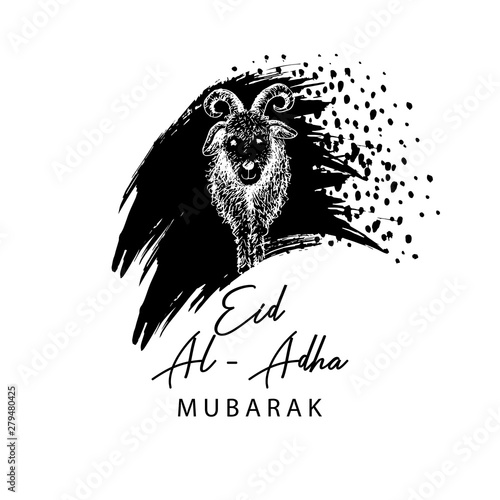  Muslim holiday Eid al-Adha. Greeting card with goat.