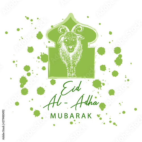  Muslim holiday Eid al-Adha. Greeting card with goat.
