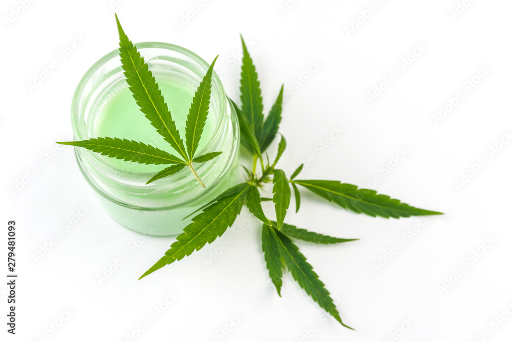 CBD Cannabis Hemp topical cream and balm with cannabis leaf isolated - obrazy, fototapety, plakaty 