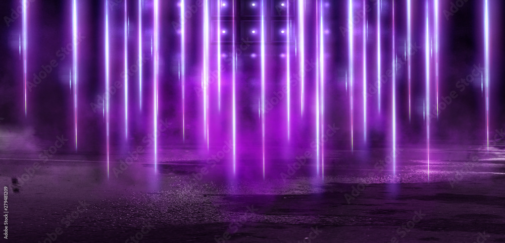 Dark street, night view, ultraviolet neon light. Light rays reflected on wet pavement. Smoke, could. Empty street scene. Neon light. Dark street, night view, ultraviolet neon light. Light rays reflected on wet pavement. Smoke, could. Empty street scene. Neon light.