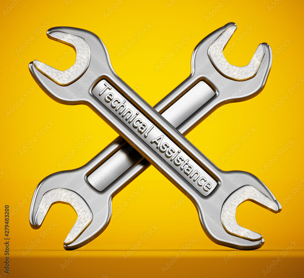 Technical assistance wrenches isolated on yellow background. 3D illustration Technical assistance wrenches isolated on yellow background. 3D illustration