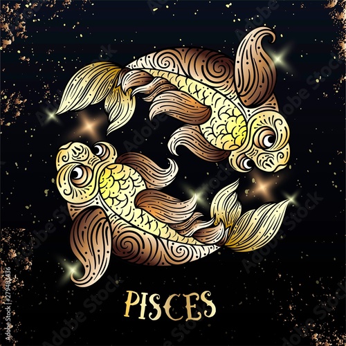 Beautiful line art filigree zodiac s sign on vintage background. Elegant jewelry tattoo.For printing Removable Temporary Tattoo Sticker Body Art Multicolor. Pisces. Line art vintage tattooo
