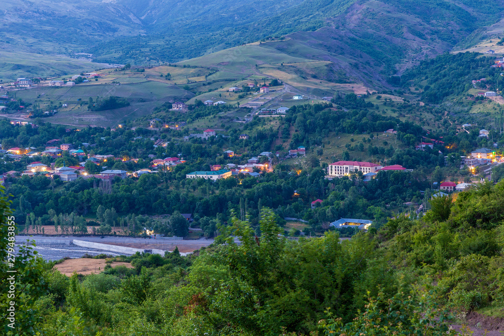 Panorama of the village Lagich at sunrise