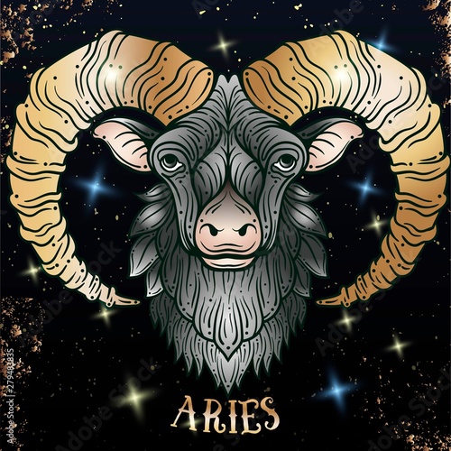 Beautiful line art filigree symbol. Black sign on vintage background.Elegant jewelry tattoo.Engraved horoscope symbol.Doodle mystic drawing with calligraphy lettering.Aries