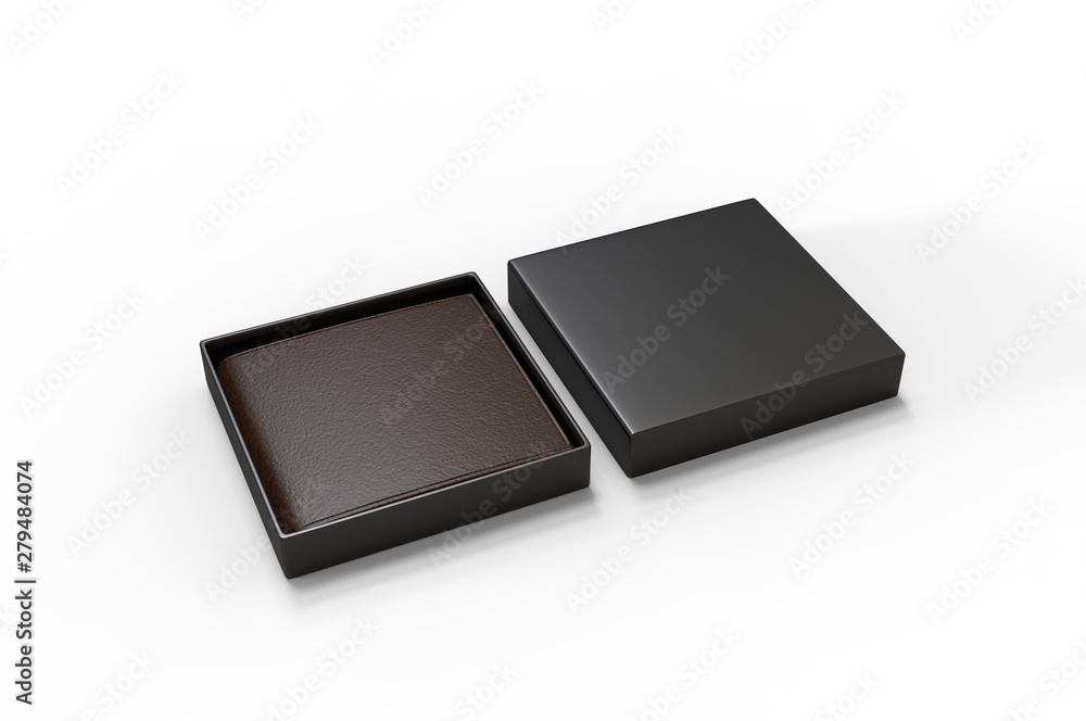Blank Bi fold Flip Style Leather Wallet Packaging Box For Branding. 3d render illustration. Blank Bi fold Flip Style Leather Wallet Packaging Box For Branding. 3d render illustration.