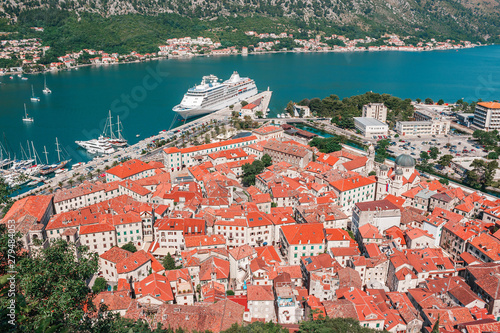 Cityscape of old city Kotor, bay in Adriatic sea surrounded by mountains, Montenegro. View from above