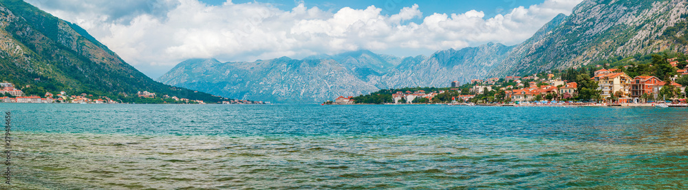 Panoramic view to the Boka Kotor bay and the old city Kotor surrounded by high mountains, Montenegro