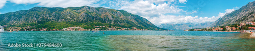 Panoramic view to the Boka Kotor bay and the old city Kotor surrounded by high mountains, Montenegro