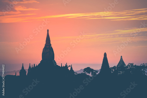 Amazing sunset colors and silhouettes of ancient Buddhist Temples at Bagan Kingdom, Myanmar (Burma). Travel landscape and destinations © PerfectLazybones