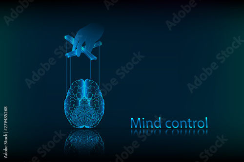 Mind control. The concept of mind control, in the form of a human brain controlled as a puppet, on a dark blue background. Vector graphics.