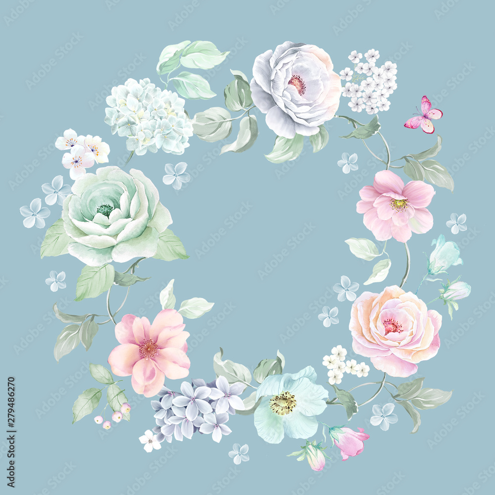 Watercolor floral spring pattern, botanical illustration.
