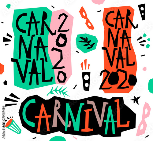 Vector carnival letering, poster, card with hand drawn elements. Popular Event in Brazil. Festive Mood. Carnaval Title