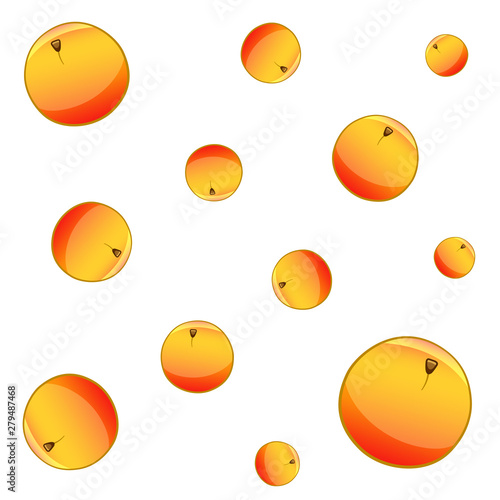 Pattern of twelve peaches of different sizes on white background