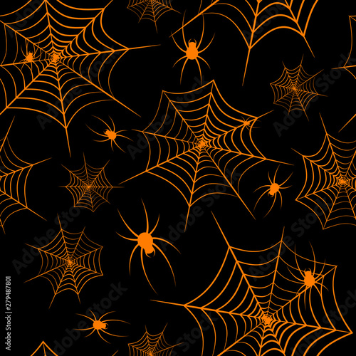 Halloween theme Spiderweb and spiders on a black background Seamless pattern Creative design background of web sites wallpapers covers wrappers for Halloween Spiderweb and spiders flat pattern Vector