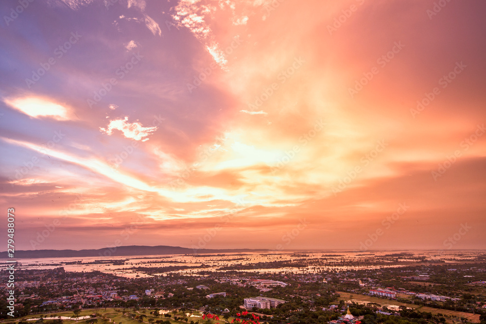 sunset over Mandalay city in Myanmar
