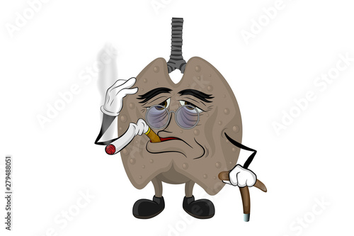  Cartoon character, smoked lung with deep wrinkles and in glasses, smoking a cigarette leaning on a cane.