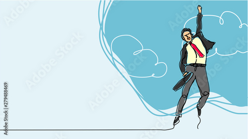 businessman happy victory jumping single line bad drawing with water color efect flat style illustration
