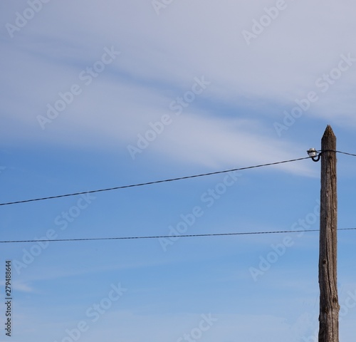 Wallpaper Mural old wooden pole with knots and telephone wires extending from it against the blue sky with clouds Torontodigital.ca