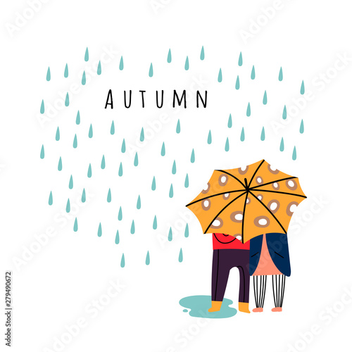Autumn romantic mood. Rainy weather. Hand drawn couple of people standing under yellow umbrella. Colored vector trendy illustration. Flat design