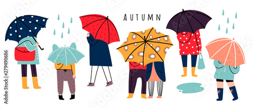 Autumn rainy weather. Hand drawn various stylish people standing under umbrellas in different clothes. Various poses. Colored vector trendy illustration. Flat design. All elements are isolated