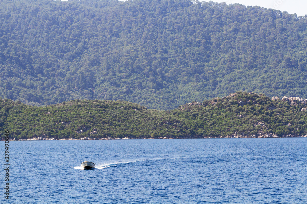Obraz premium Boat on the background of mountains overgrown with forest.