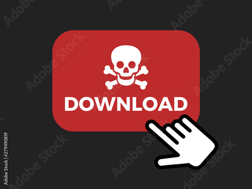 User is clicking on button to download illegal and pirate content from website, webpage. Piracy on the computer as online crriminality and robbery. Copyright infringement and illegal downloading.