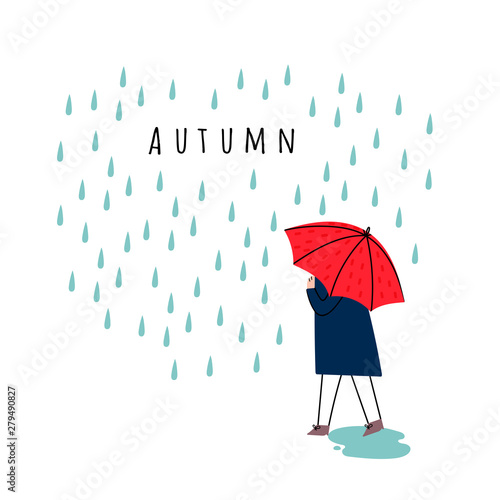Autumn rainy weather. Hand drawn stylish man or woman with umbrella walking under the rain. Colored vector trendy illustration. Flat design. 