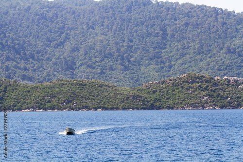 Boat on the background of mountains overgrown with forest. © al1974ex