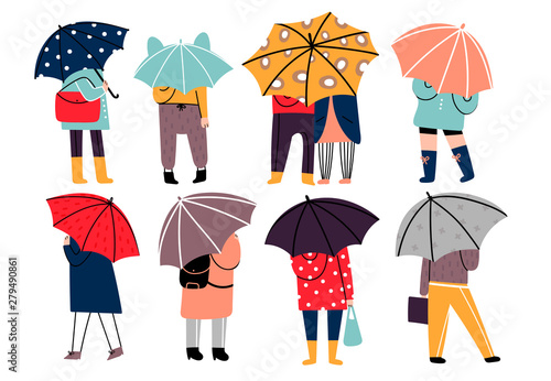 Autumn rainy weather. Hand drawn various stylish people standing under umbrellas in different clothes. Colored vector trendy illustration. Flat design. All elements are isolated