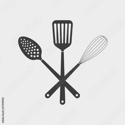Cooking utensils logo. Kitchen tools icon. Crossed Spatula, Whisk and Skimmer. Vector illustration.