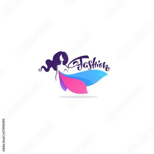fashion boutique and store logo, label, emblem with girl in bright flower dresss and lettering composition