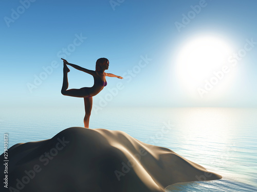 3D female in a yoga pose on a sand dune in the ocean