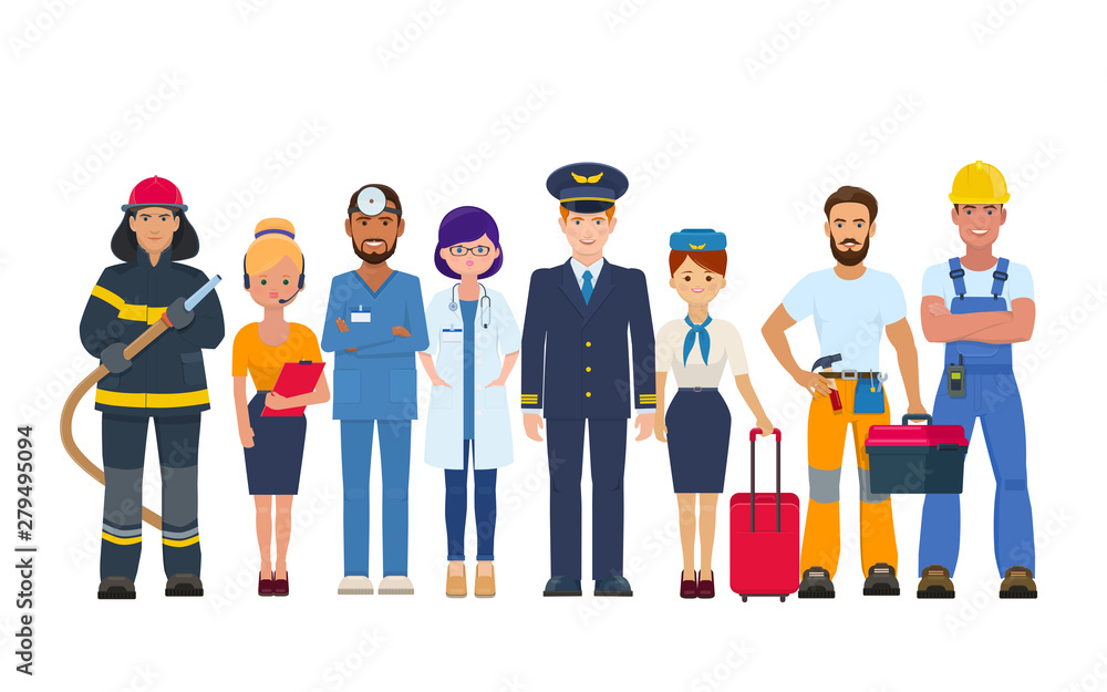 Group of people of different professions. Character design of doctors, pilot and stewardess, builder, repairman, fireman and secretary