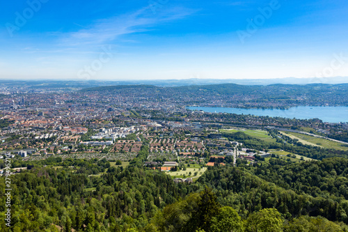 Panaromic view of Zurich city and lake from Uetliberg viewpoint in Switzerland