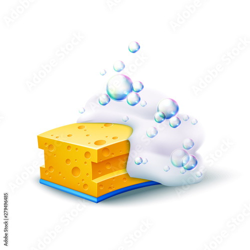 Realistic yellow sponge with colorful soapy bubbles. Dishes washing, household chores tool. Vector skincare, bath hygiene design element. Housework, kitchen cleaning sponge.