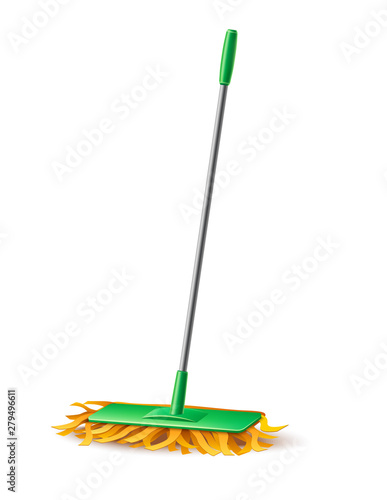 Realistic modern green mop with fibers for household chores, domestic cleaning design. Vector mopping tool for housework, cleanup. Sanitary broom for flooring.
