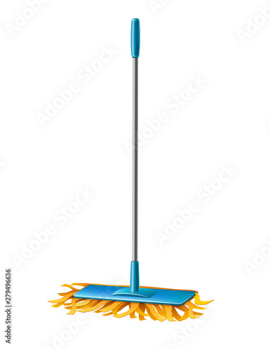 Realistic modern blue mop with fibers for household chores, domestic cleaning design. Vector mopping tool for housework, cleanup. Sanitary broom for flooring.