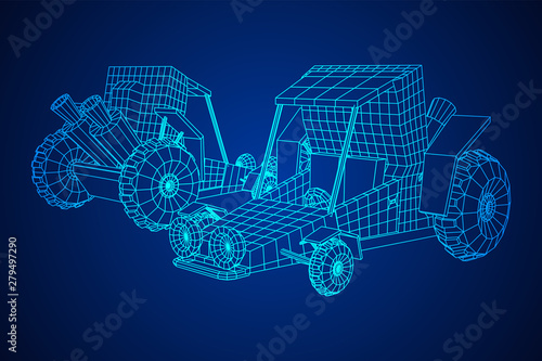 Off road dune buggy car. Terrain vehicle. Outdoor car racing, extreme sport oncept. Wireframe low poly mesh vector illustration