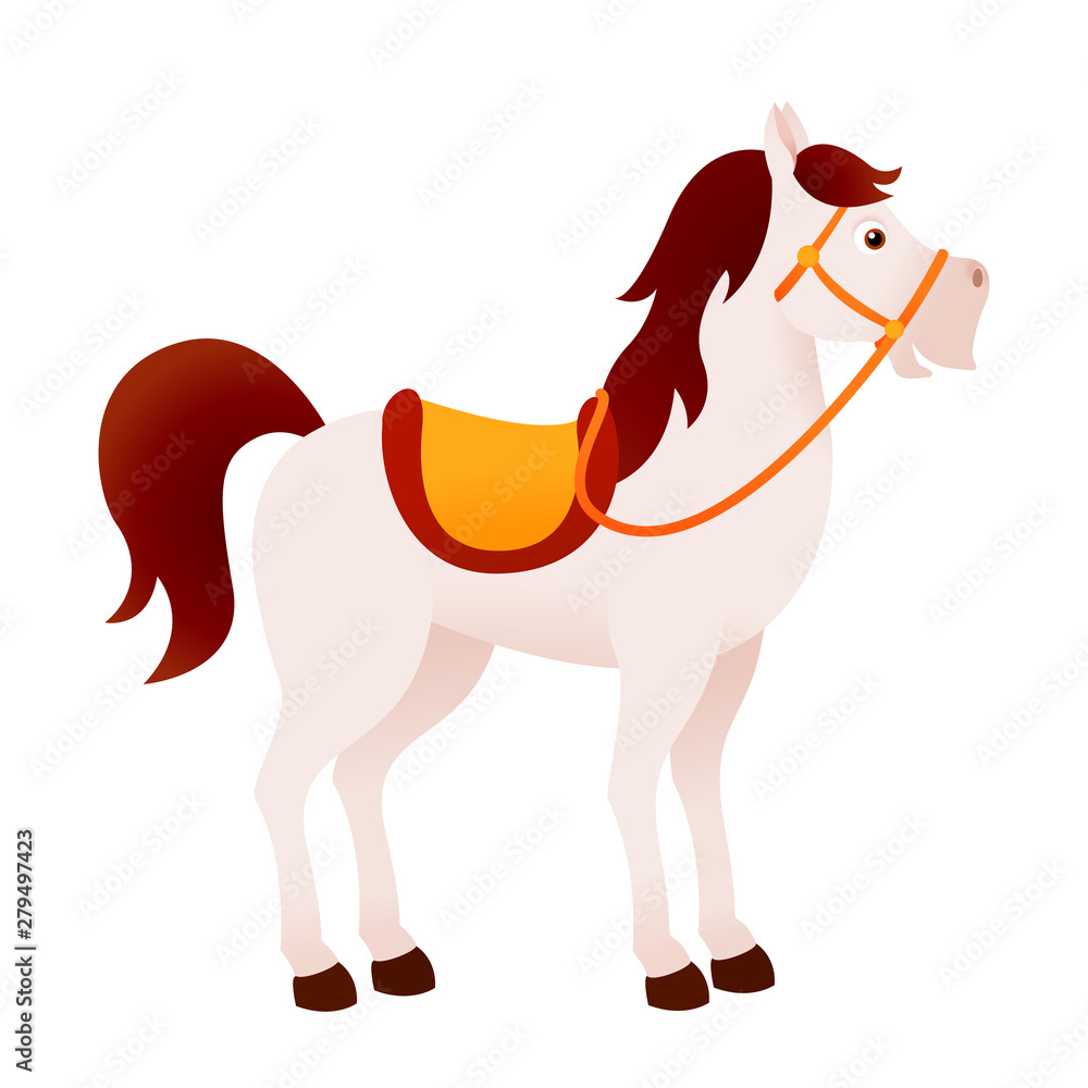 Cute cartoon white horse with saddle Stock Vector | Adobe Stock