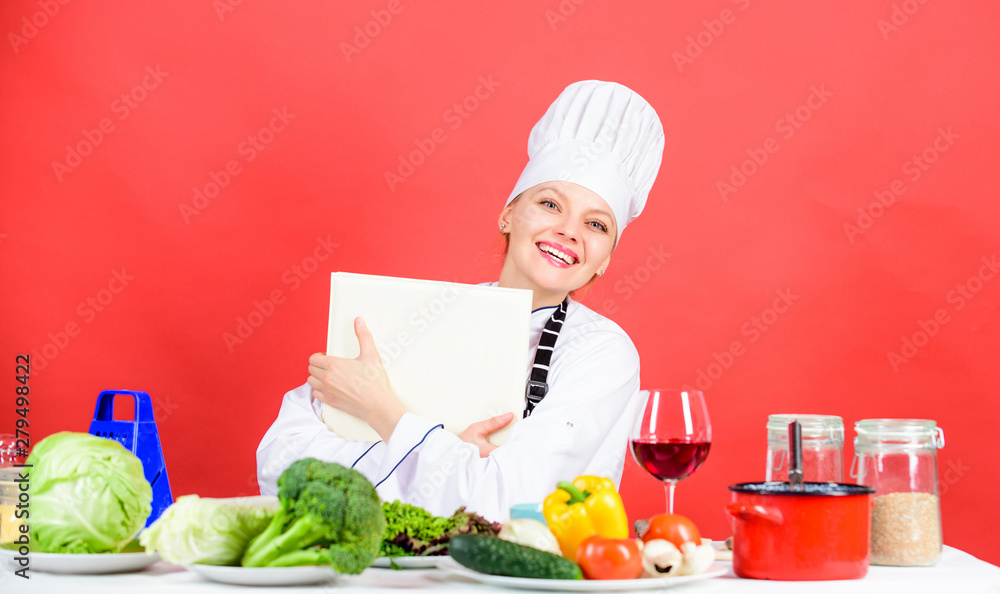 organic eating and vegetarian. Housewife. happy woman cooking healthy food by recipe. professional chef on red background. restaurant menu. Dieting. woman in cook hat. Preparation and culinary organic eating and vegetarian. Housewife. happy woman cooking healthy food by recipe. professional chef on red background. restaurant menu. Dieting. woman in cook hat. Preparation and culinary