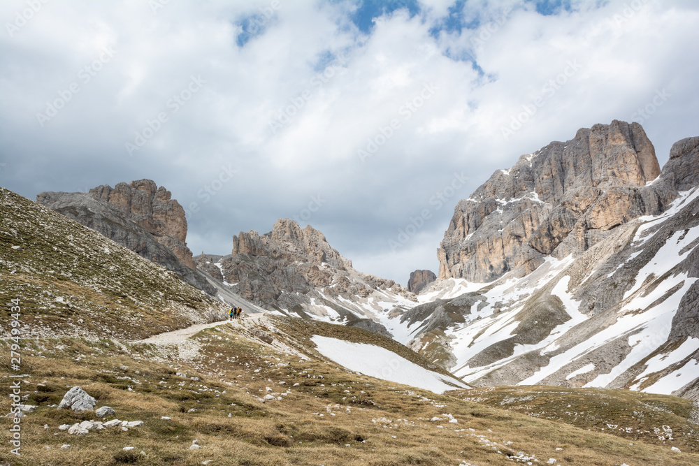 Beautiful view of mountain Catinaccio d'Antermoia on the way to Passo Principe. Dolomites, Italy