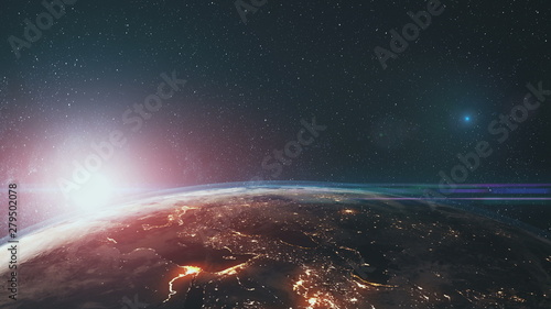 Fototapeta Naklejka Na Ścianę i Meble -  Epic Rotate Earth Close Up Surface Star Background. Sun Beam Glow Celestial Outer Space Deep Universe Exploration Concept 3D Animation