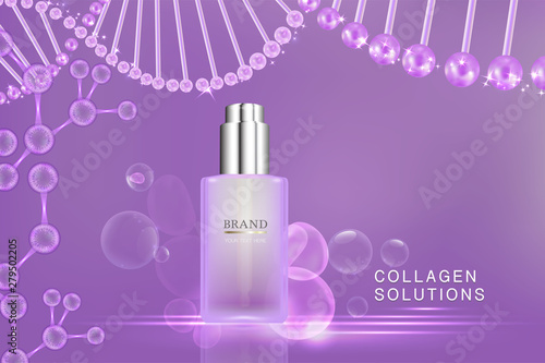 Beauty product ad design, purple cosmetic container with collagen solution advertising background ready to use, luxury skin care banner, illustration vector.