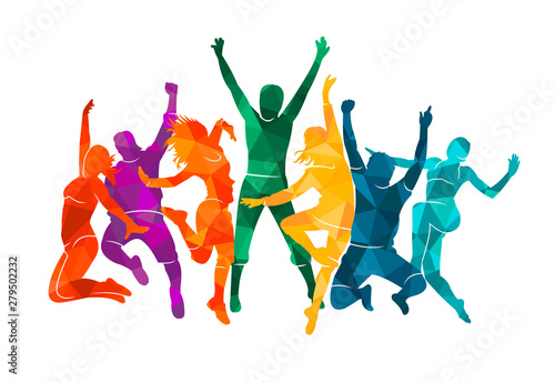 Colorful happy group people jump vector illustration silhouette. Cheerful man and woman isolated. Jumping fun friends background. Expressive dance dancing  jazz  funk  hip-hop hands up
