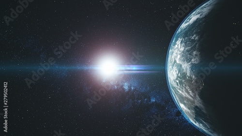 Planet Earth Circle Round Flare Sun Beam Glow. Starry Galaxy Celestial Asteroid Deep Outer Space Satellite View. Universe Travel Concept 3D Animation