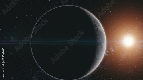 Moon Orbit Surface Sun Beam Glow Starry Galaxy. Planet Motion Sight Milky Way Background Deep Outer Space Navigation Universe Exploration 3D Animation