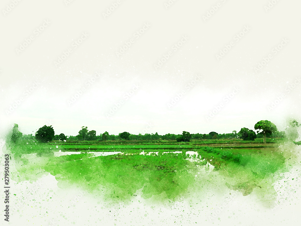 Obraz Abstract colorful beautiful green field landscape and tree in morning at Thailand on watercolor illustration painting background.